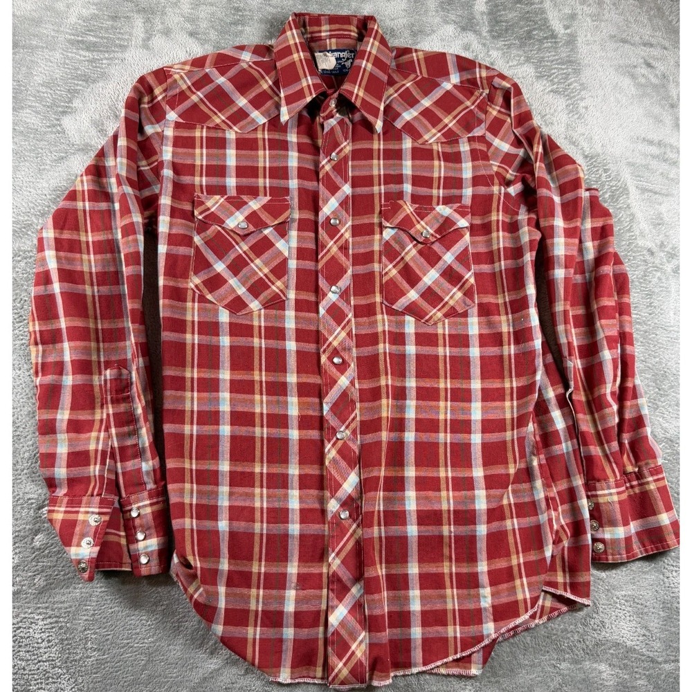Vtg Wrangler Plaid Pearl Snap Shirt Mens 15.5 34 USA Made Western